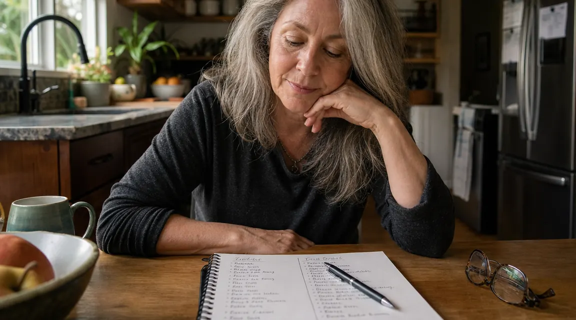 Open notebook with handwritten notes comparing supplement brands, pen resting on page, reading glasses nearby on a kitchen table