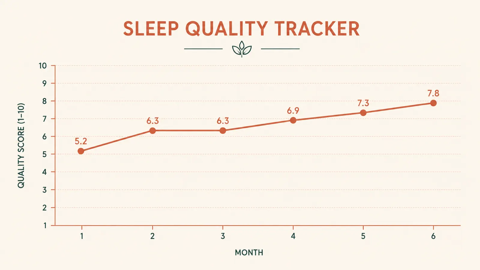 A hand-drawn style sleep quality chart showing improvement from month one through month six, warm terracotta and sage color palette