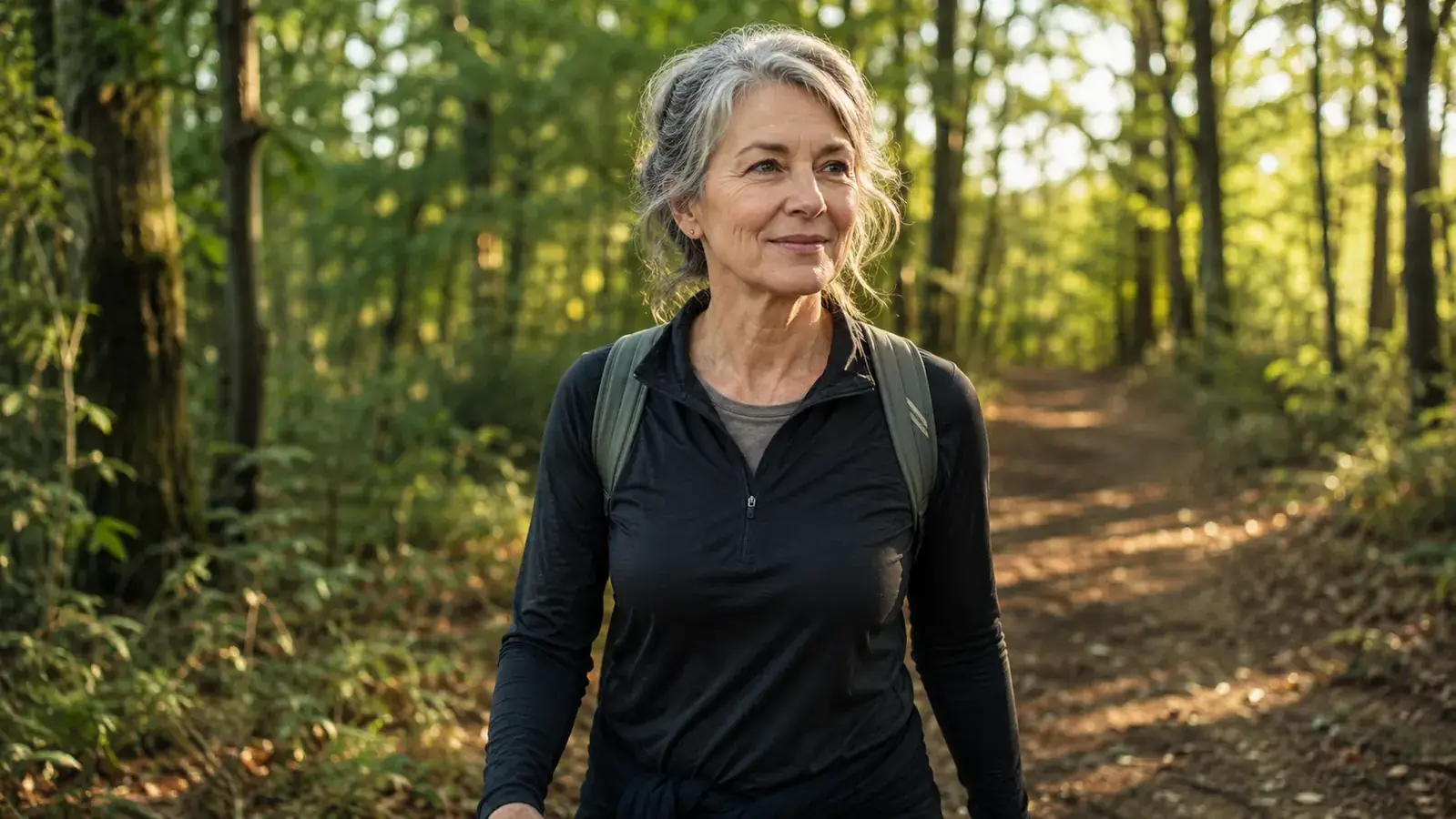 An active woman in her early 60s walking a tree-lined trail in early morning light, relaxed posture, comfortable pace