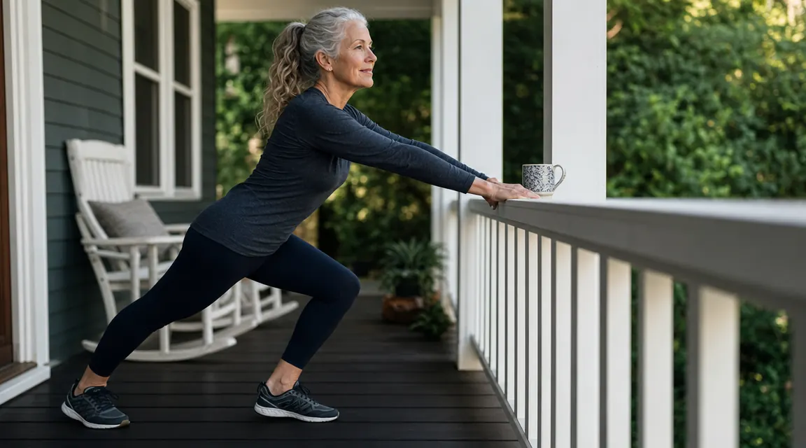 A woman stretching her calf against a porch railing in the morning, coffee cup on the railing, relaxed expression